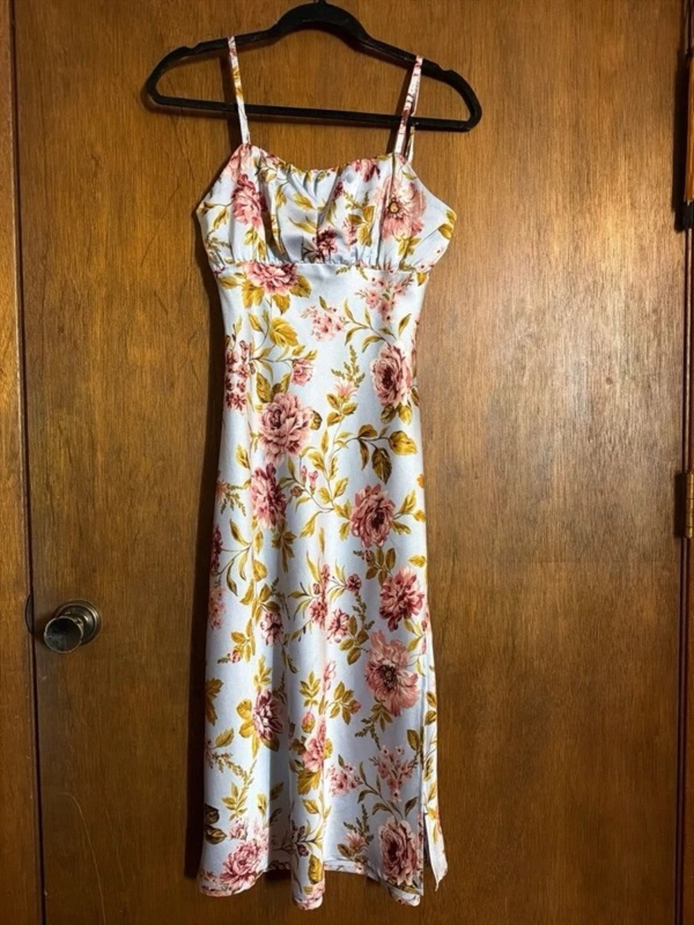 Pink and Cream Floral Midi Slip Dress with Spaghetti Straps